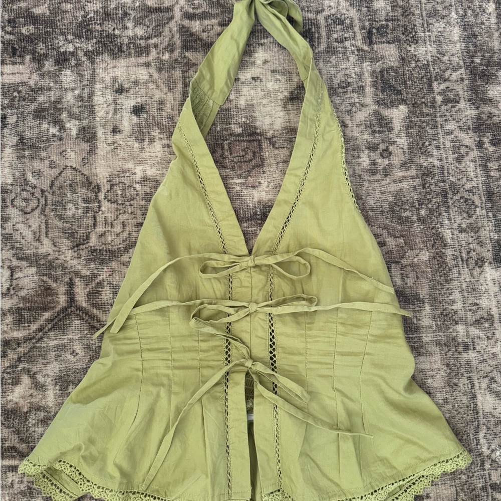 Lace-Up Halter Peplum Top in Olive Green